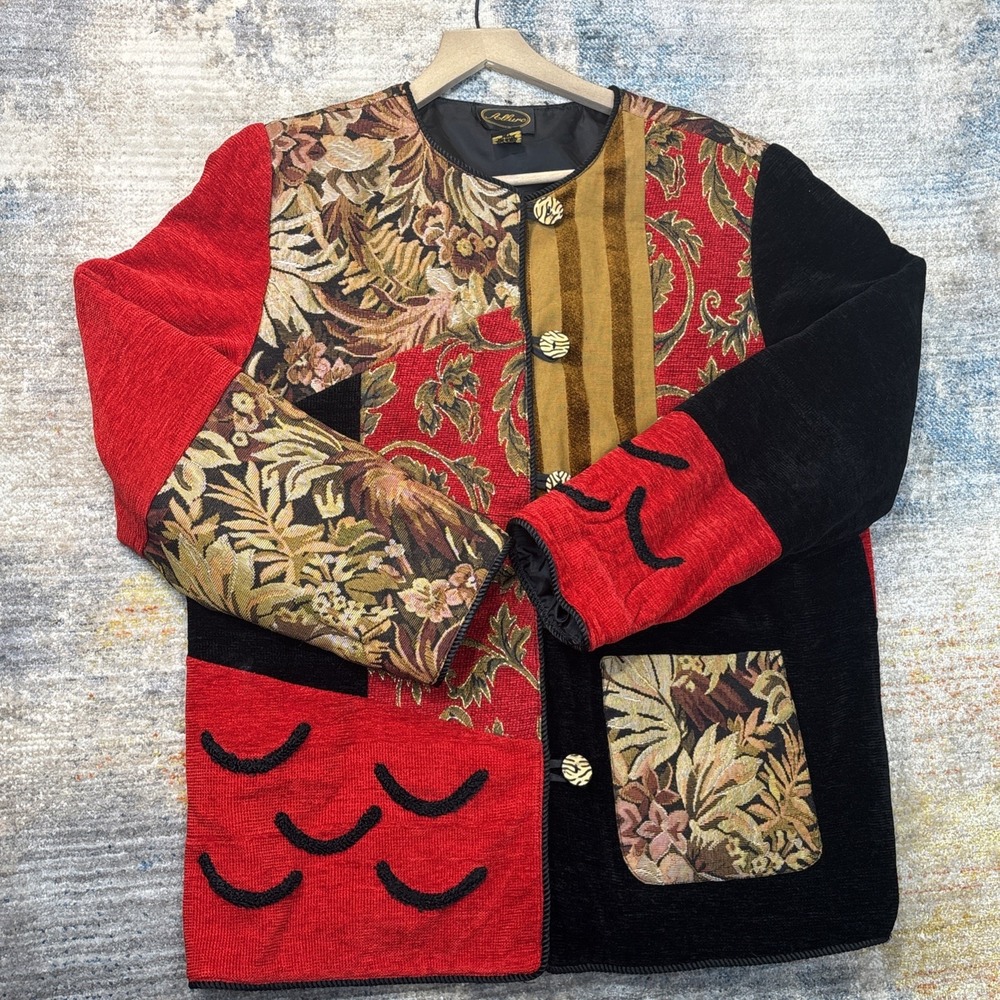 Vintage Allure Red Black Embroidered Patchwork Jacket Womens Large Artsy Classic - Picture 2 of 13